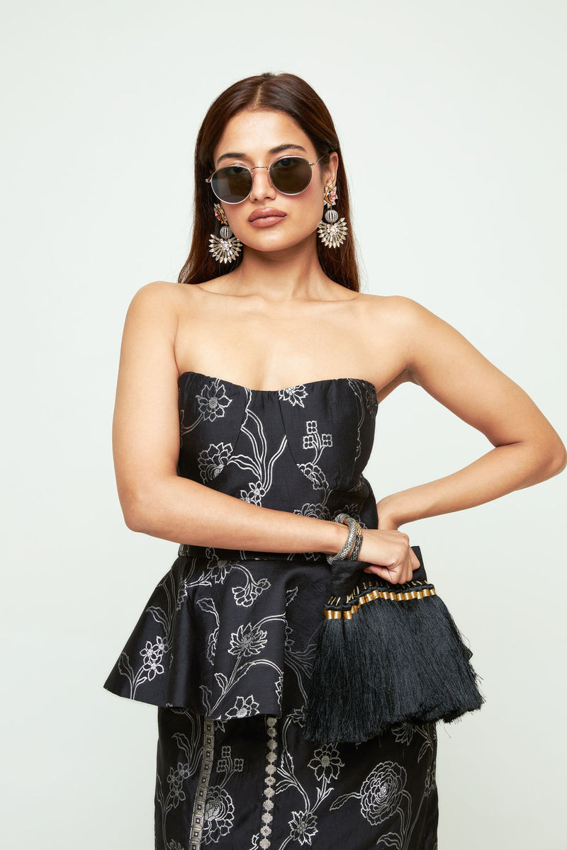 Rosa-Brocade Peplum Skirt Set-Black silk indo-western by SOBARIKO in black for women Worldwide