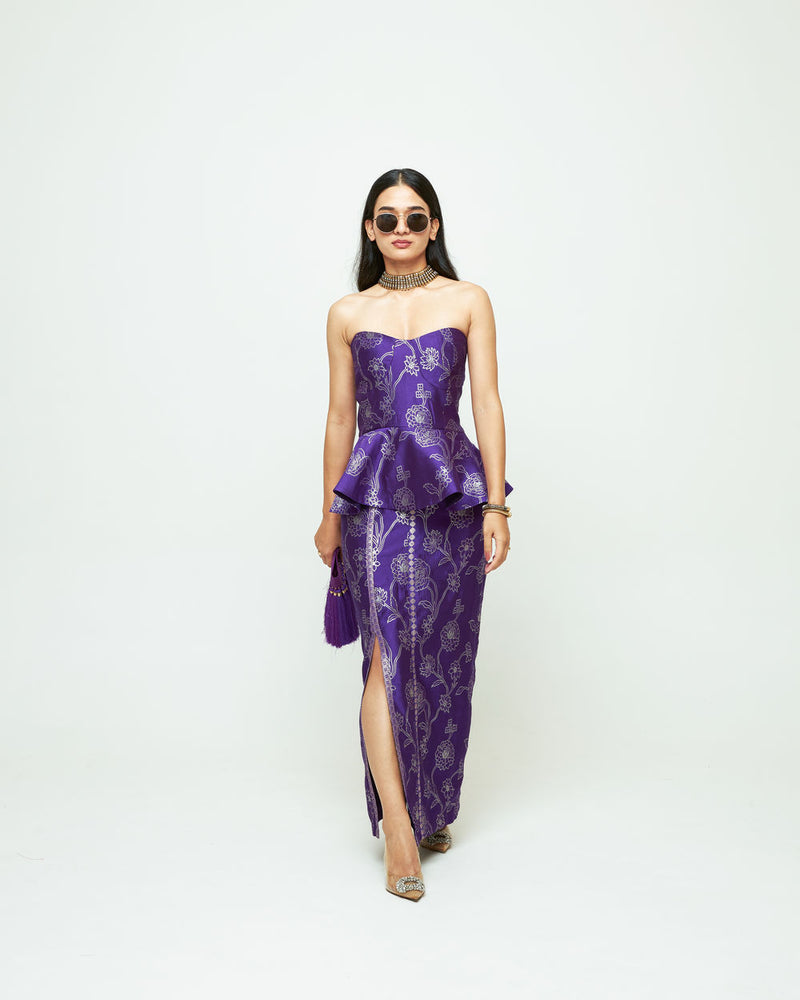 Rosa-Brocade Peplum Skirt Set-Purple silk indo-western by SOBARIKO in purple for women Worldwide