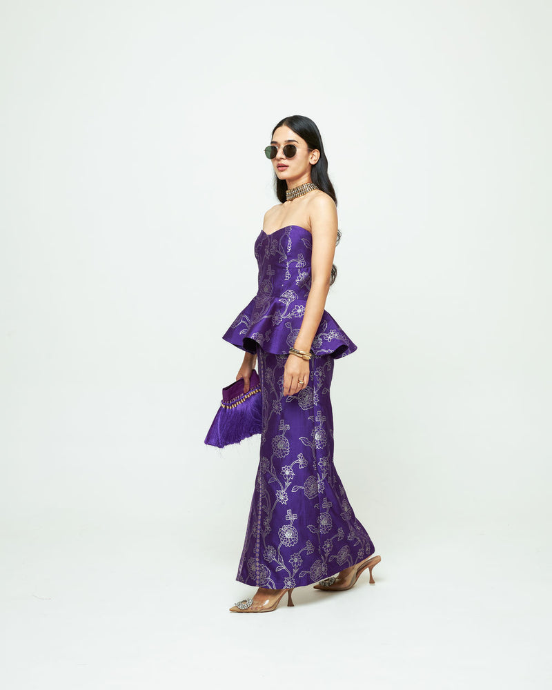 Rosa-Brocade Peplum Skirt Set-Purple silk indo-western by SOBARIKO in purple for women Worldwide