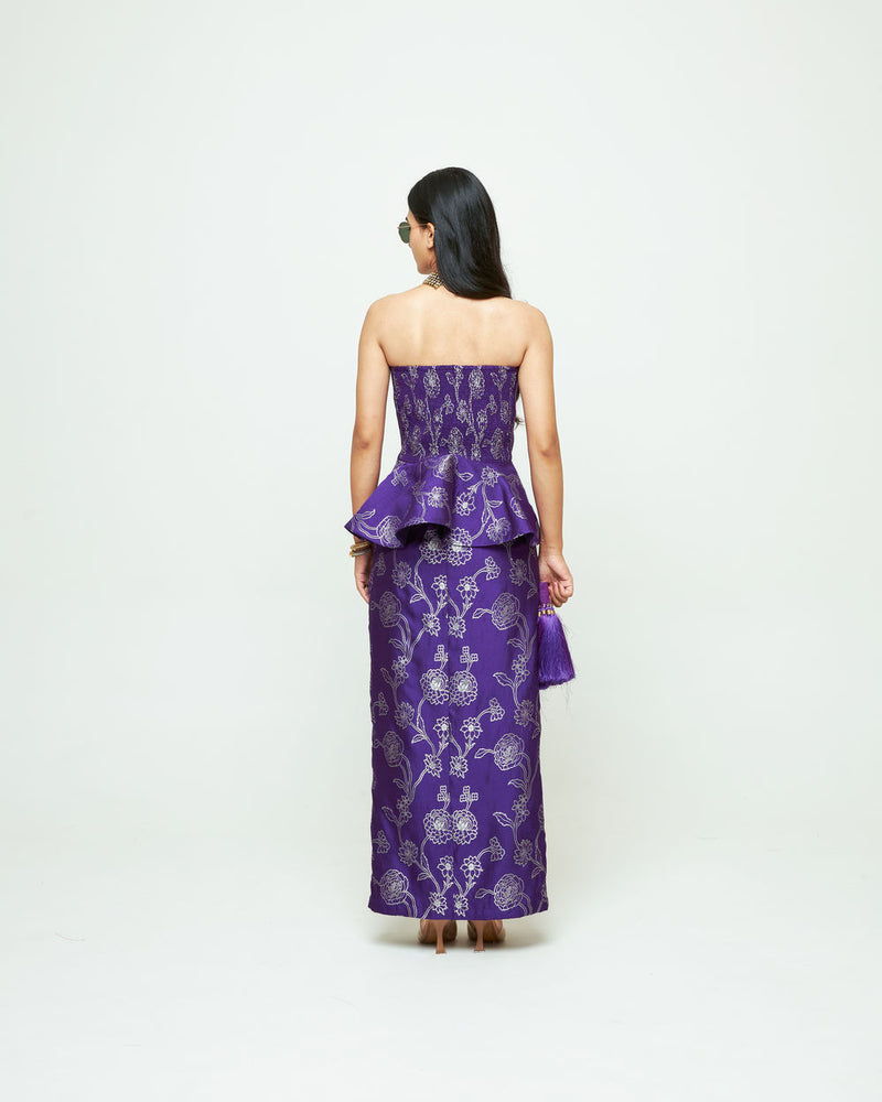 Rosa-Brocade Peplum Skirt Set-Purple silk indo-western by SOBARIKO in purple for women Worldwide