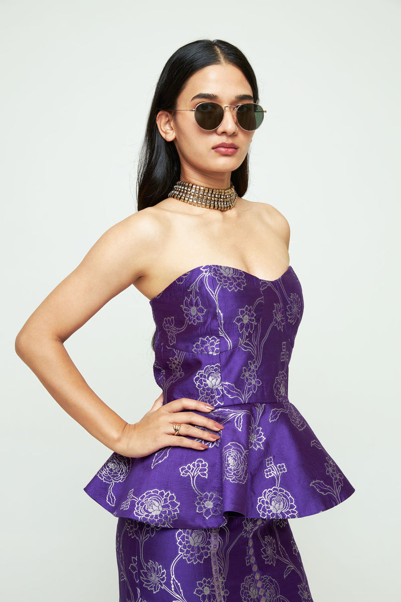 Rosa-Brocade Peplum Skirt Set-Purple silk indo-western by SOBARIKO in purple for women Worldwide