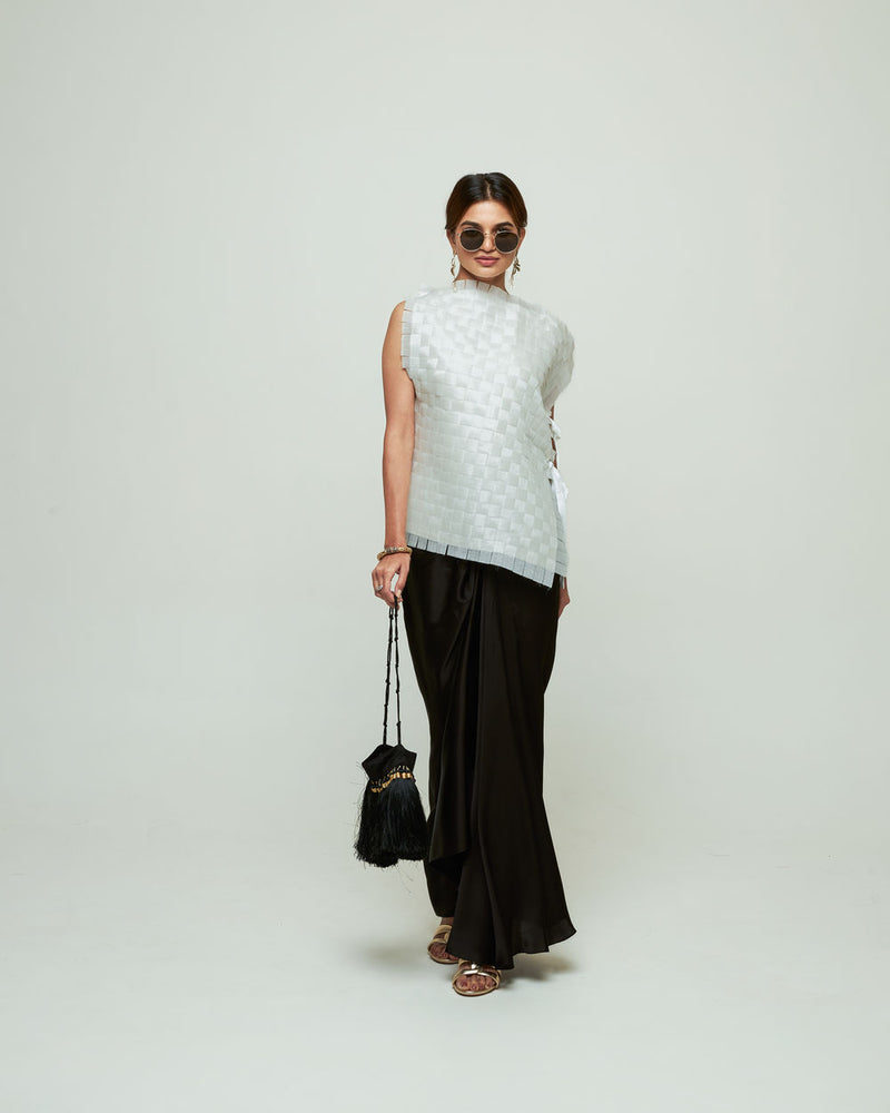 Isa Assymentrical Textured Top Skirt Set-Ivory organza, modal satin indo-western by SOBARIKO in ivory, black for women Worldwide