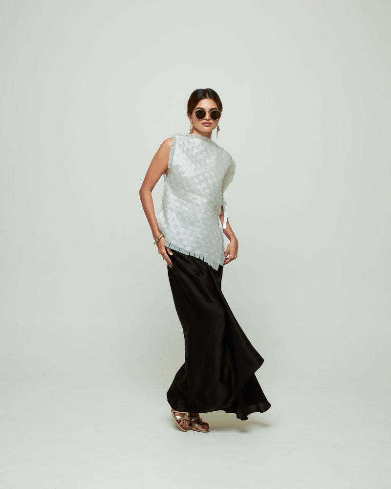 Isa Assymentrical Textured Top Skirt Set-Ivory organza, modal satin indo-western by SOBARIKO in ivory, black for women Worldwide