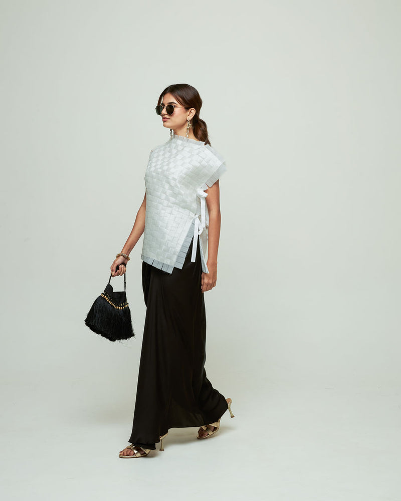 Isa Assymentrical Textured Top Skirt Set-Ivory organza, modal satin indo-western by SOBARIKO in ivory, black for women Worldwide