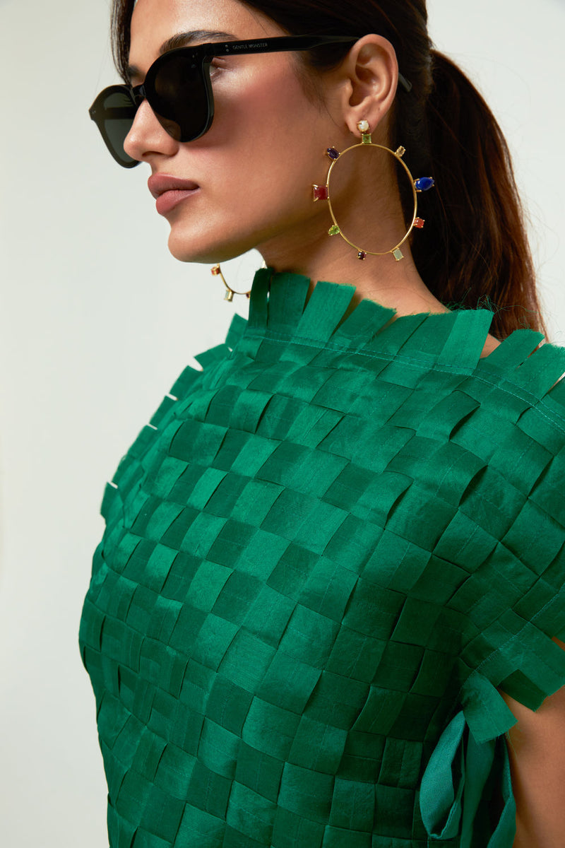 Isa Assymentrical Textured Top Skirt Set-Green organza, modal satin indo-western by SOBARIKO in green, black for women Worldwide
