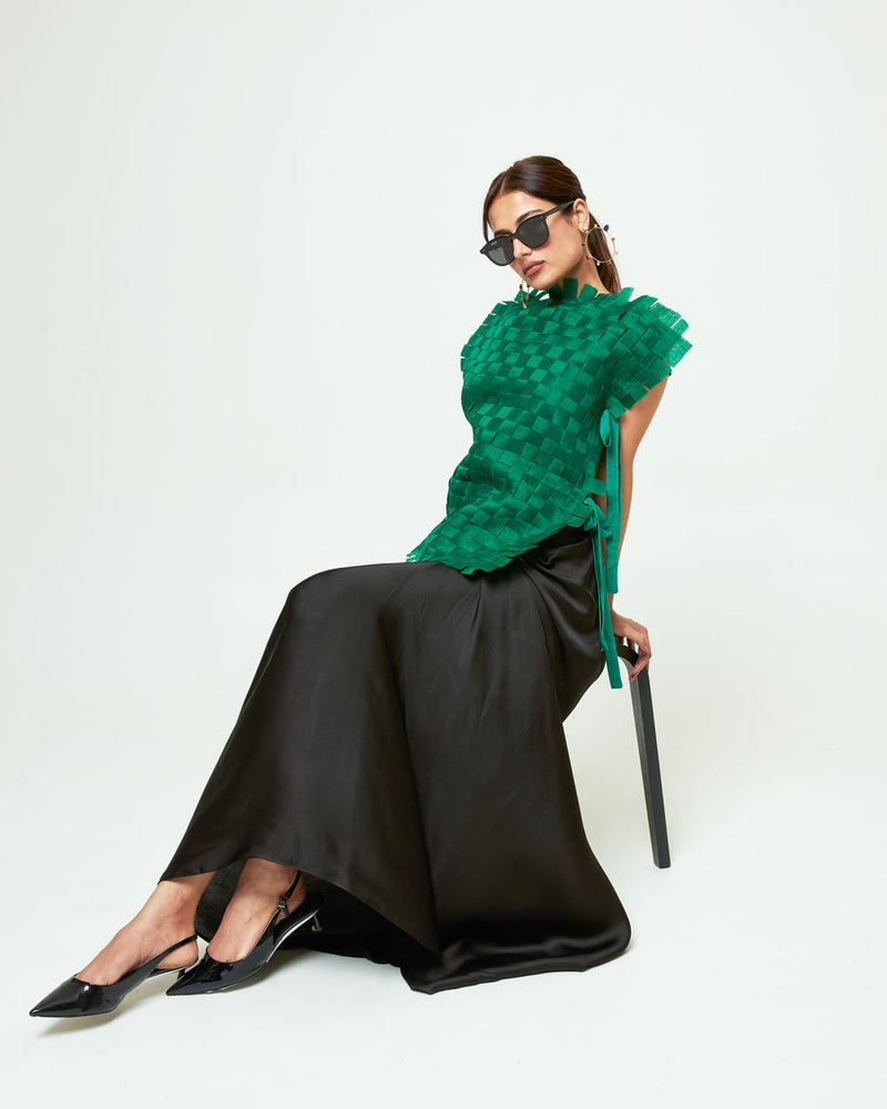 Isa Assymentrical Textured Top Skirt Set-Green organza, modal satin indo-western by SOBARIKO in green, black for women Worldwide