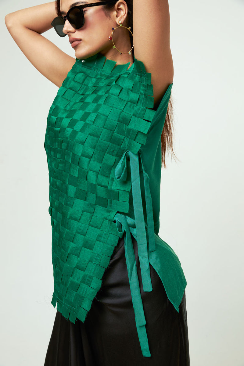 Isa Assymentrical Textured Top Skirt Set-Green organza, modal satin indo-western by SOBARIKO in green, black for women Worldwide