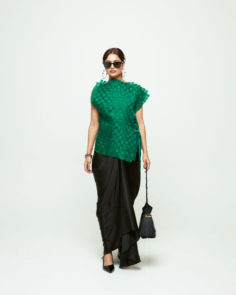 Isa Assymentrical Textured Top Skirt Set-Green organza, modal satin indo-western by SOBARIKO in green, black for women Worldwide