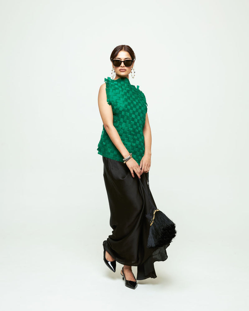 Isa Assymentrical Textured Top Skirt Set-Green organza, modal satin indo-western by SOBARIKO in green, black for women Worldwide