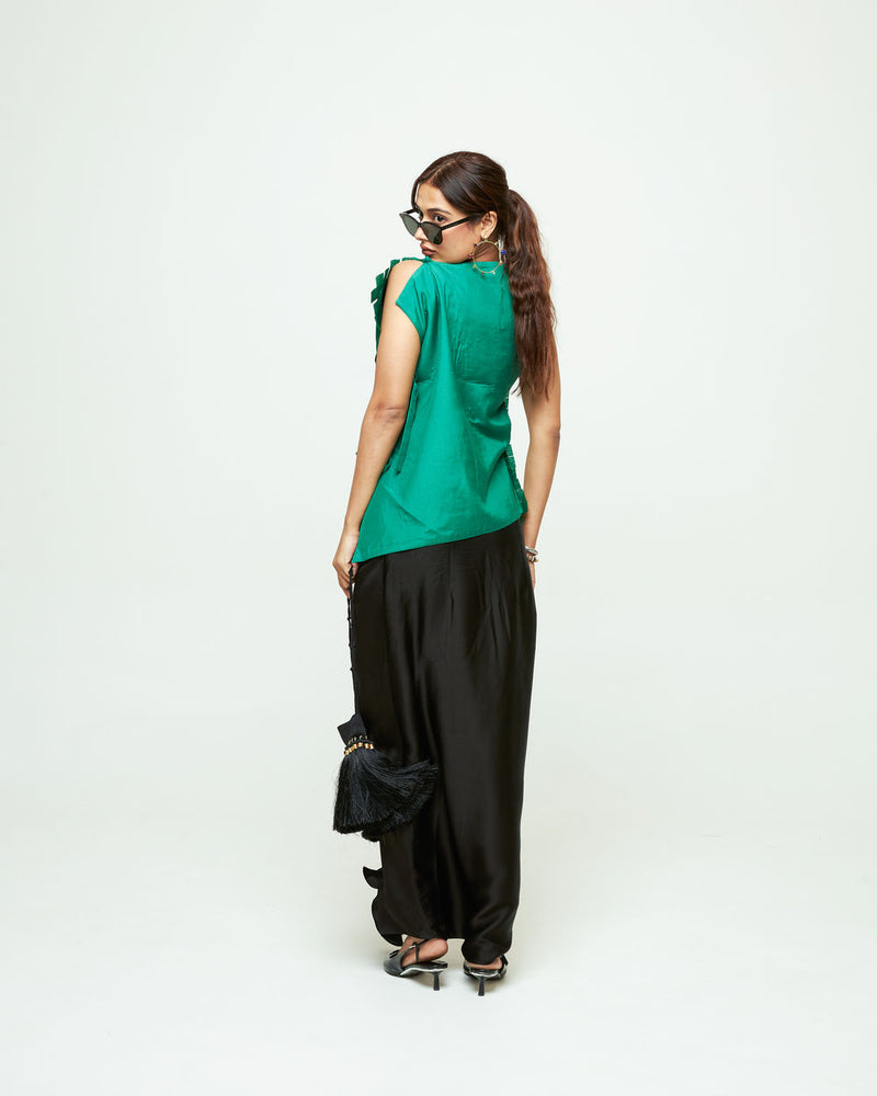Isa Assymentrical Textured Top Skirt Set-Green organza, modal satin indo-western by SOBARIKO in green, black for women Worldwide