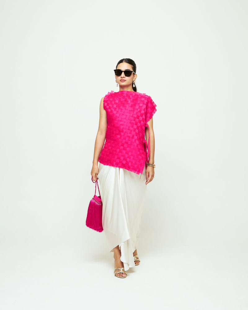 Isa Assymentrical Textured Top Skirt Set-Pink organza, modal satin indo-western by SOBARIKO in pink, ivory for women Worldwide