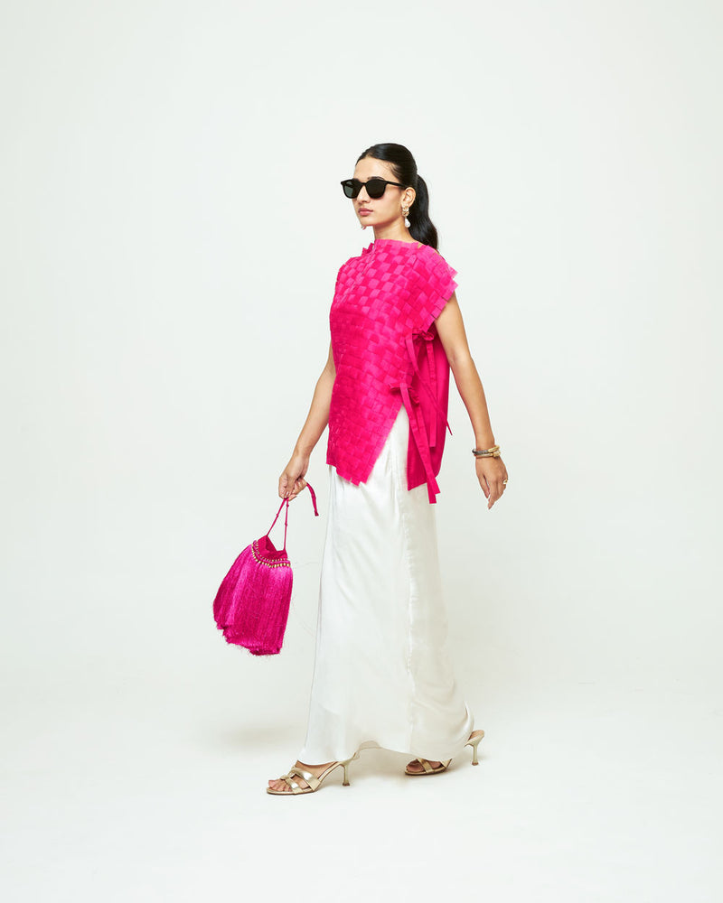 Isa Assymentrical Textured Top Skirt Set-Pink organza, modal satin indo-western by SOBARIKO in pink, ivory for women Worldwide