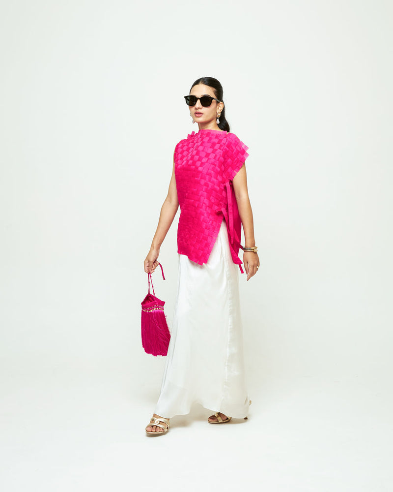 Isa Assymentrical Textured Top Skirt Set-Pink organza, modal satin indo-western by SOBARIKO in pink, ivory for women Worldwide