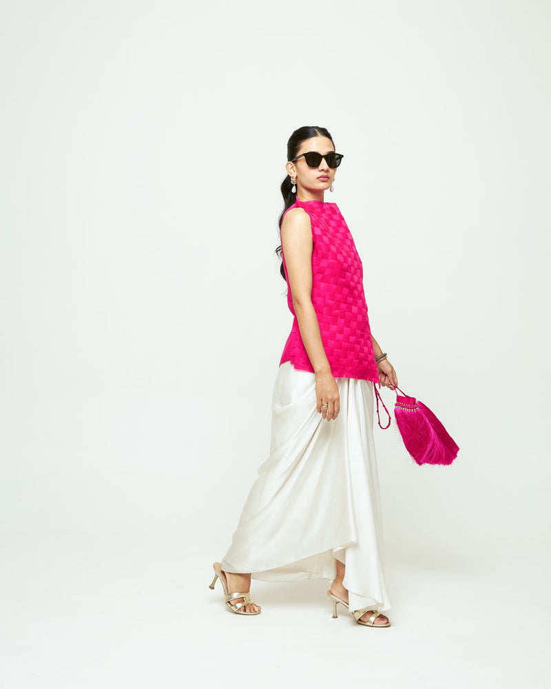 Isa Assymentrical Textured Top Skirt Set-Pink organza, modal satin indo-western by SOBARIKO in pink, ivory for women Worldwide