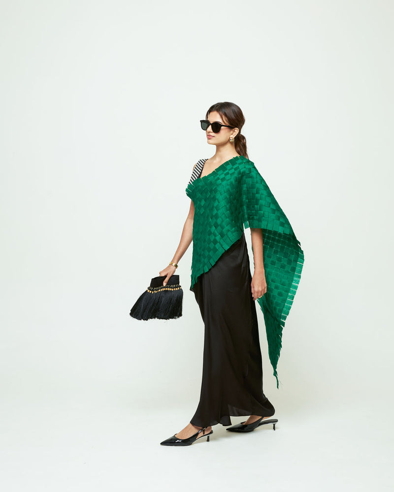 Isa Textured Saree Skirt Set-Green organza, modal satin saree by SOBARIKO in green, black for women Worldwide