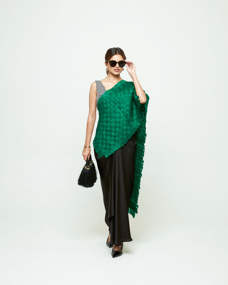 Isa Textured Saree Skirt Set-Green organza, modal satin saree by SOBARIKO in green, black for women Worldwide