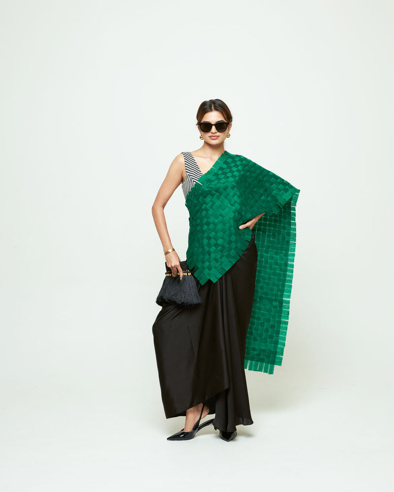 Isa Textured Saree Skirt Set-Green organza, modal satin saree by SOBARIKO in green, black for women Worldwide