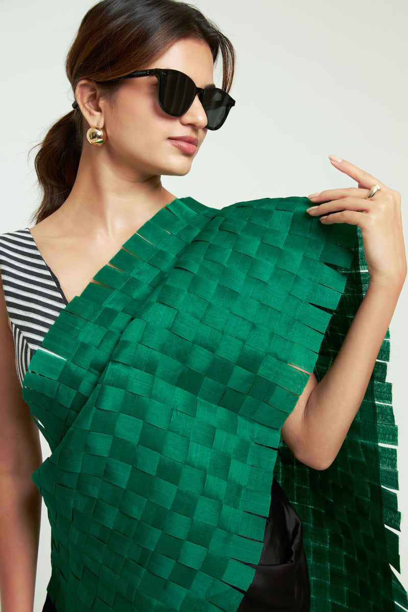 Isa Textured Saree Skirt Set-Green organza, modal satin saree by SOBARIKO in green, black for women Worldwide