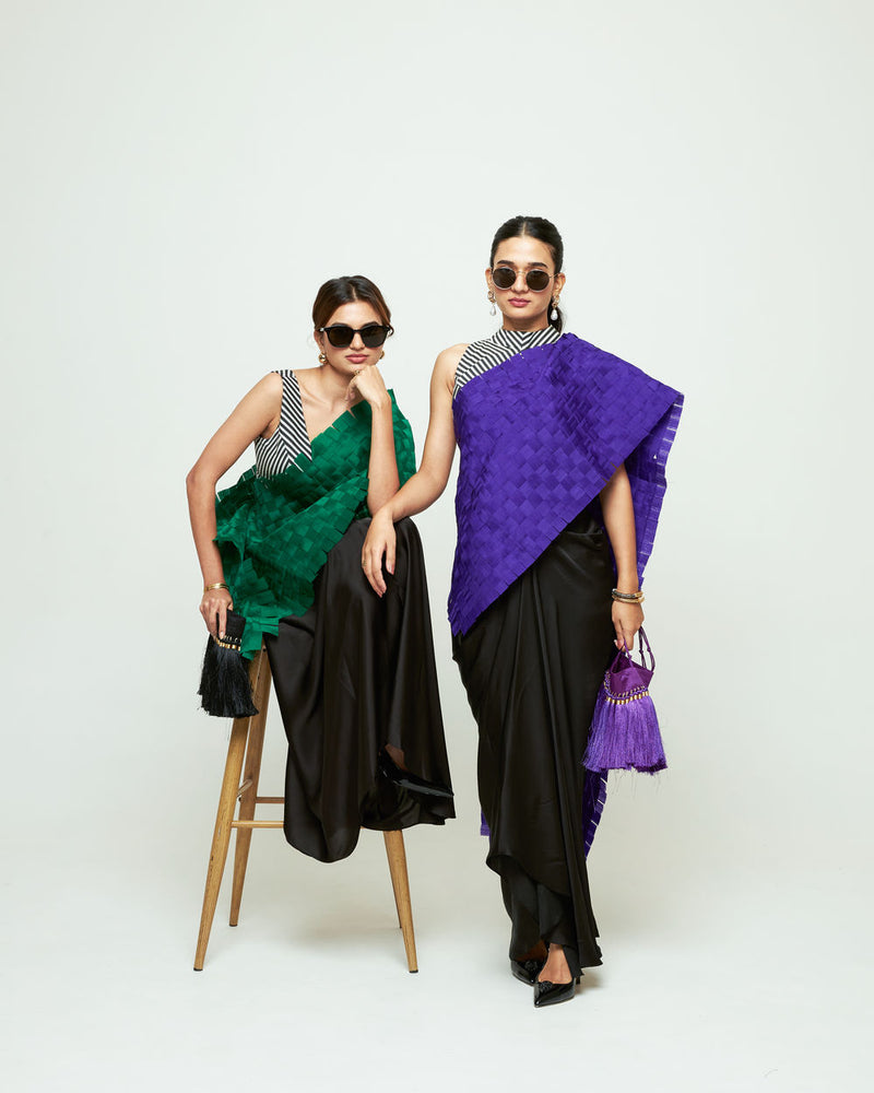 Isa Textured Saree Skirt Set-Green organza, modal satin saree by SOBARIKO in green, black for women Worldwide