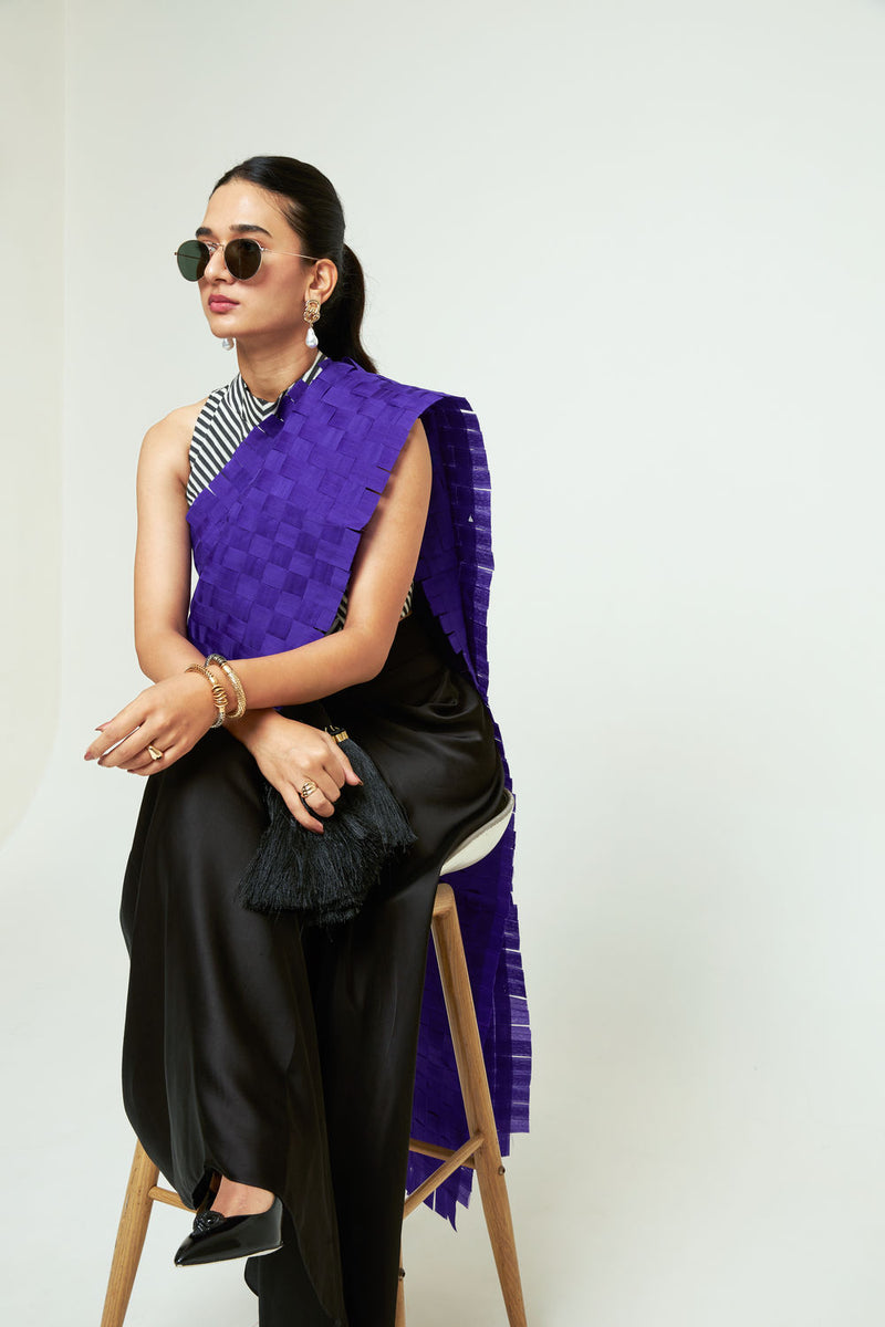 Isa Textured Saree Skirt Set-Ultramarine organza, modal satin saree by SOBARIKO in black for women Worldwide
