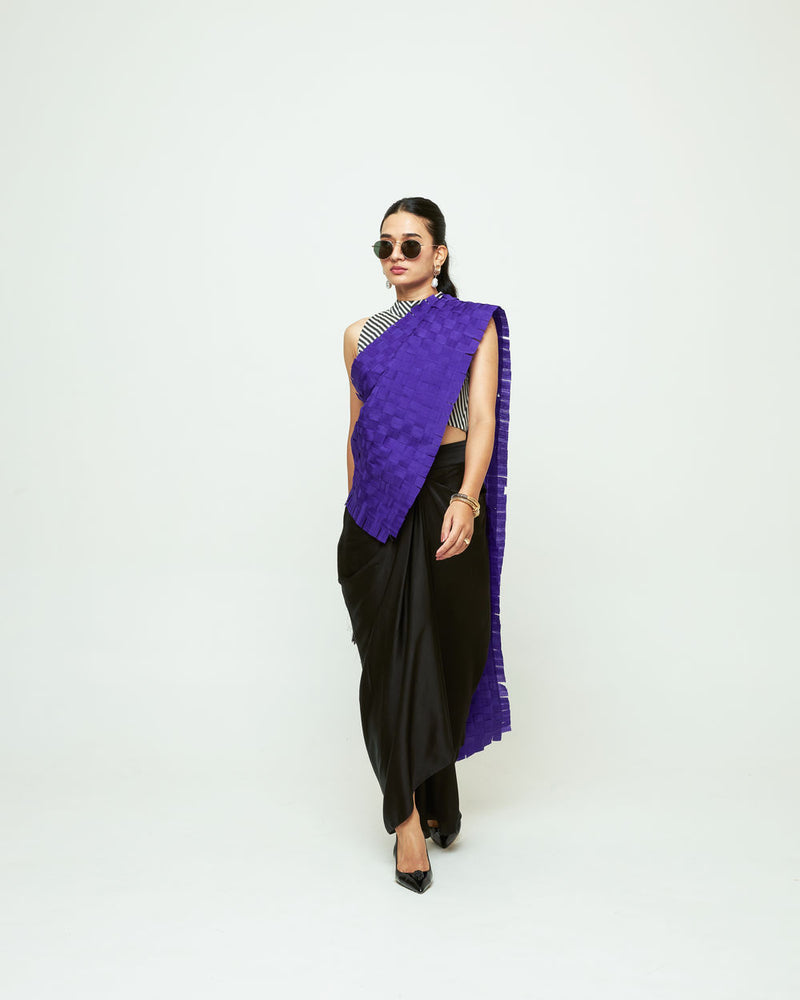 Isa Textured Saree Skirt Set-Ultramarine organza, modal satin saree by SOBARIKO in black for women Worldwide