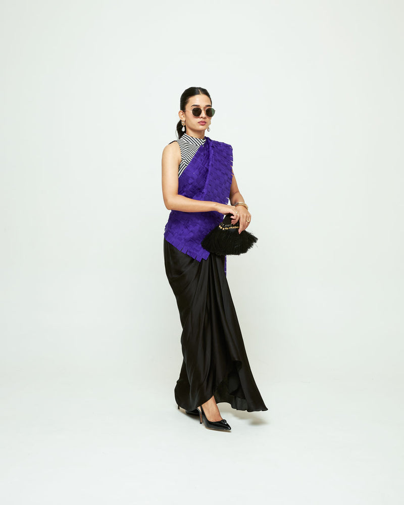 Isa Textured Saree Skirt Set-Ultramarine organza, modal satin saree by SOBARIKO in black for women Worldwide