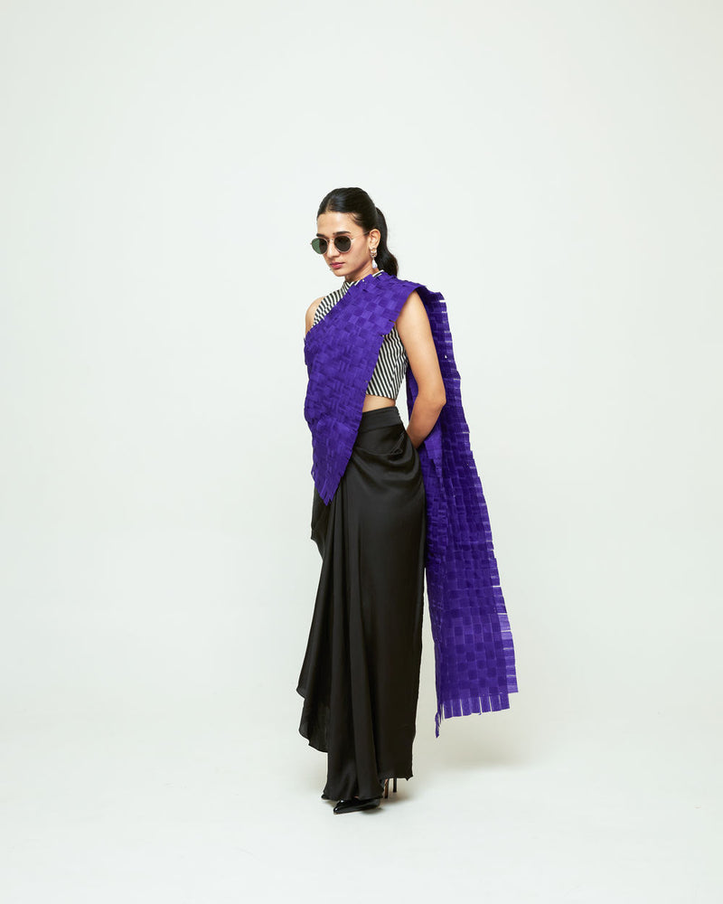 Isa Textured Saree Skirt Set-Ultramarine organza, modal satin saree by SOBARIKO in black for women Worldwide