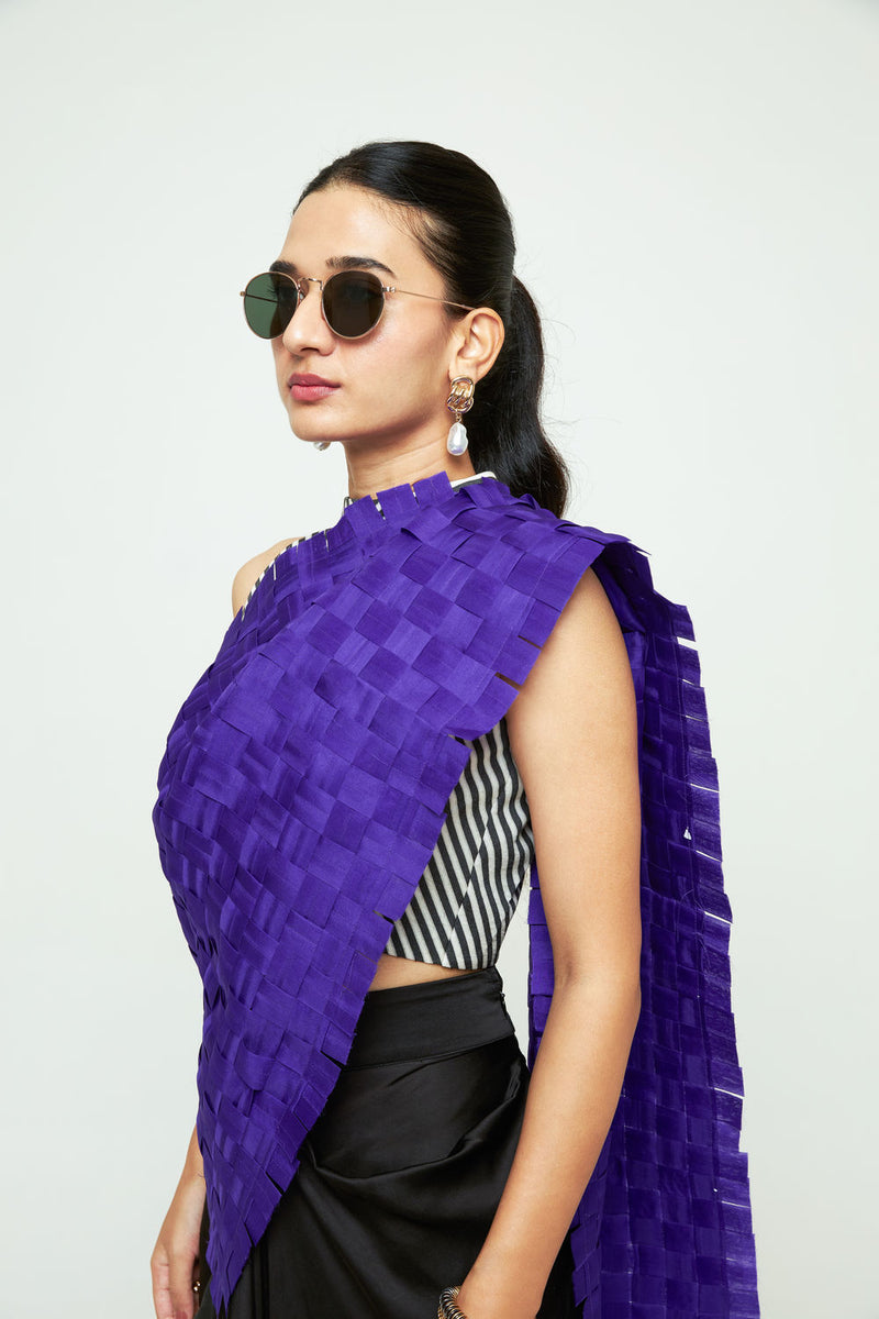 Isa Textured Saree Skirt Set-Ultramarine organza, modal satin saree by SOBARIKO in black for women Worldwide