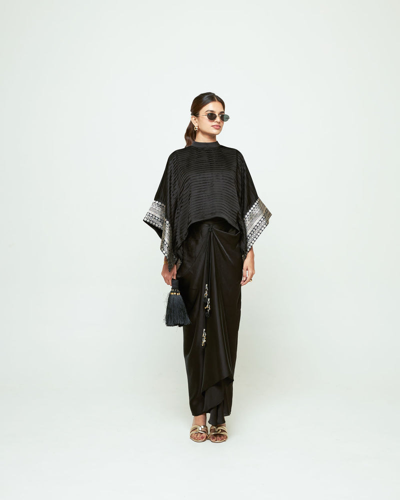 Prana-Pleated Top Set-Black silk, modal satin indo-western by SOBARIKO in black for women Worldwide