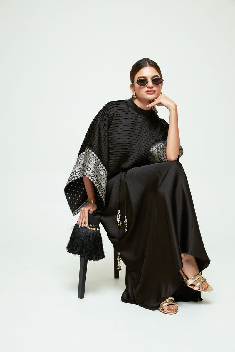 Prana-Pleated Top Set-Black silk, modal satin indo-western by SOBARIKO in black for women Worldwide
