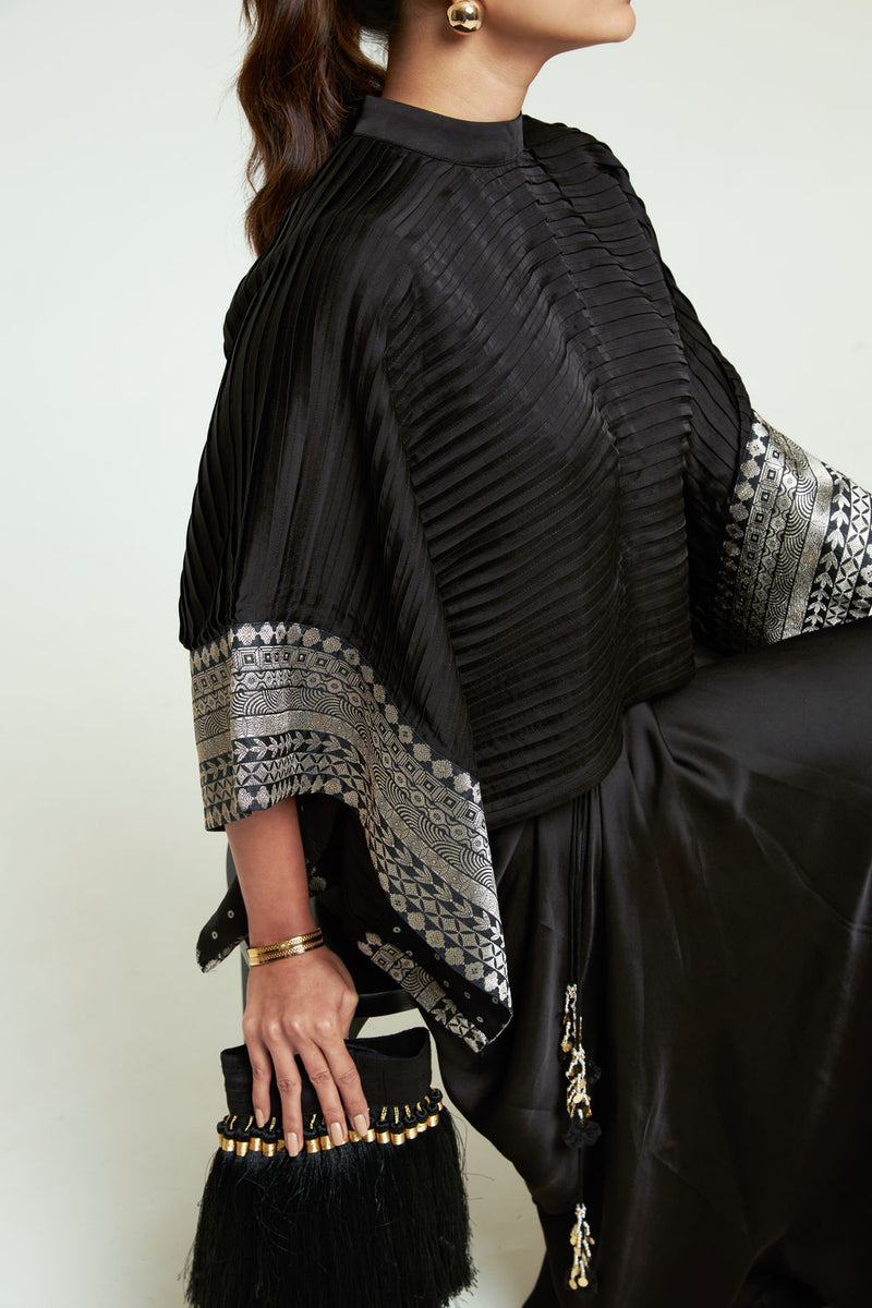 Prana-Pleated Top Set-Black silk, modal satin indo-western by SOBARIKO in black for women Worldwide