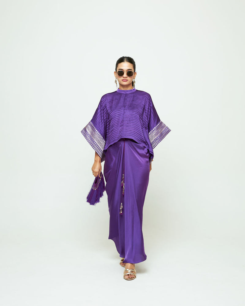 Prana-Pleated Top Set-Purple silk, modal satin indo-western by SOBARIKO in purple for women Worldwide