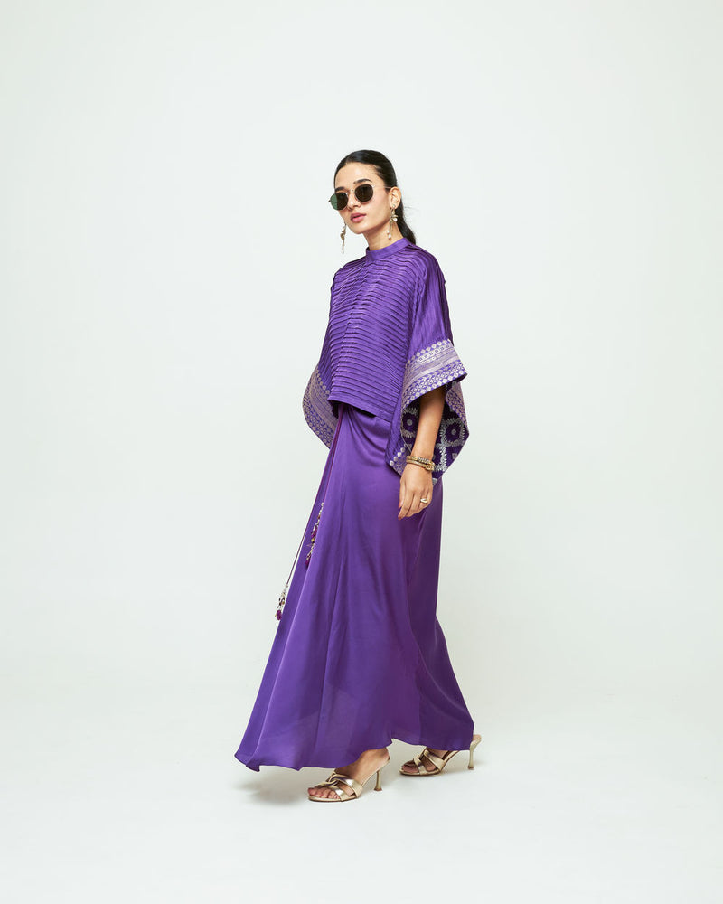 Prana-Pleated Top Set-Purple silk, modal satin indo-western by SOBARIKO in purple for women Worldwide