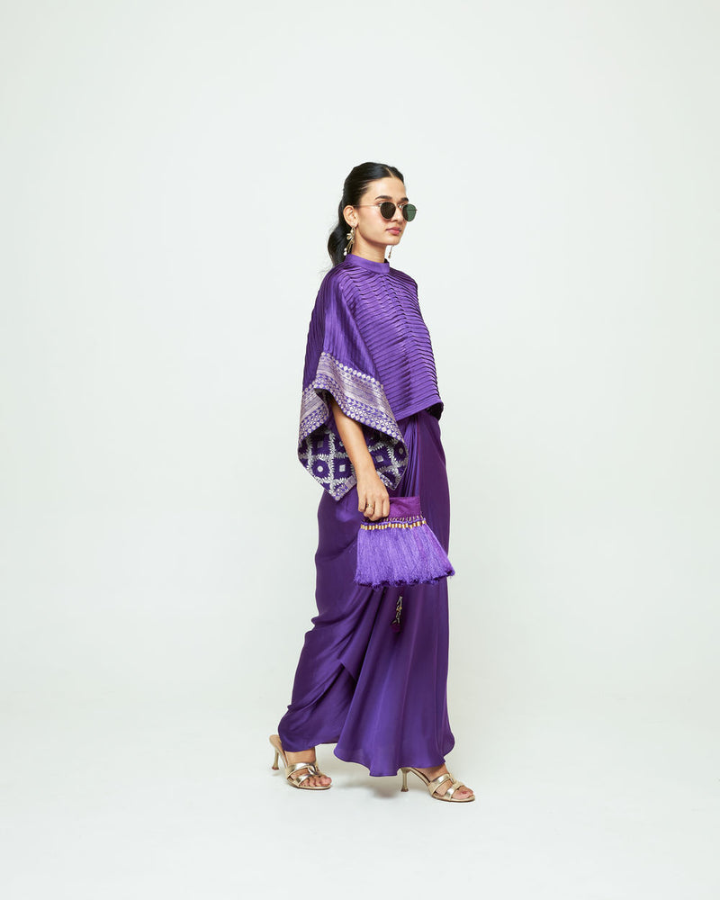Prana-Pleated Top Set-Purple silk, modal satin indo-western by SOBARIKO in purple for women Worldwide