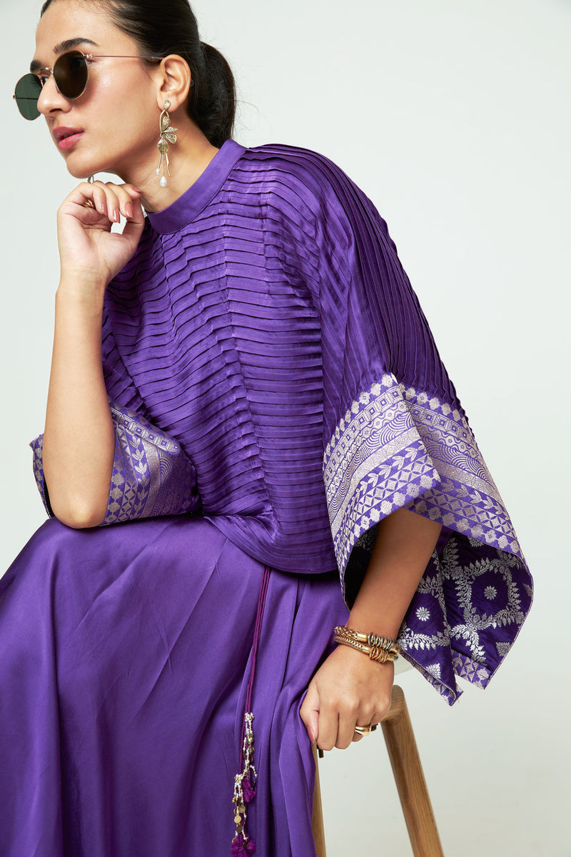 Prana-Pleated Top Set-Purple silk, modal satin indo-western by SOBARIKO in purple for women Worldwide