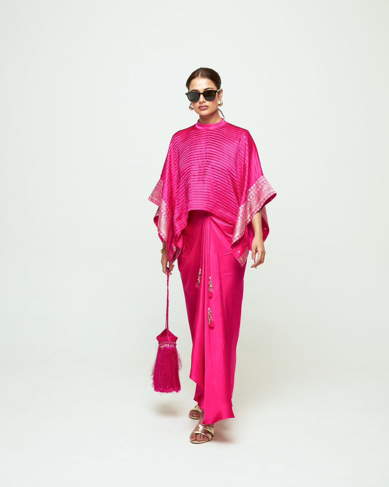 Prana-Pleated Top Set-Pink silk, modal satin indo-western by SOBARIKO in pink for women Worldwide