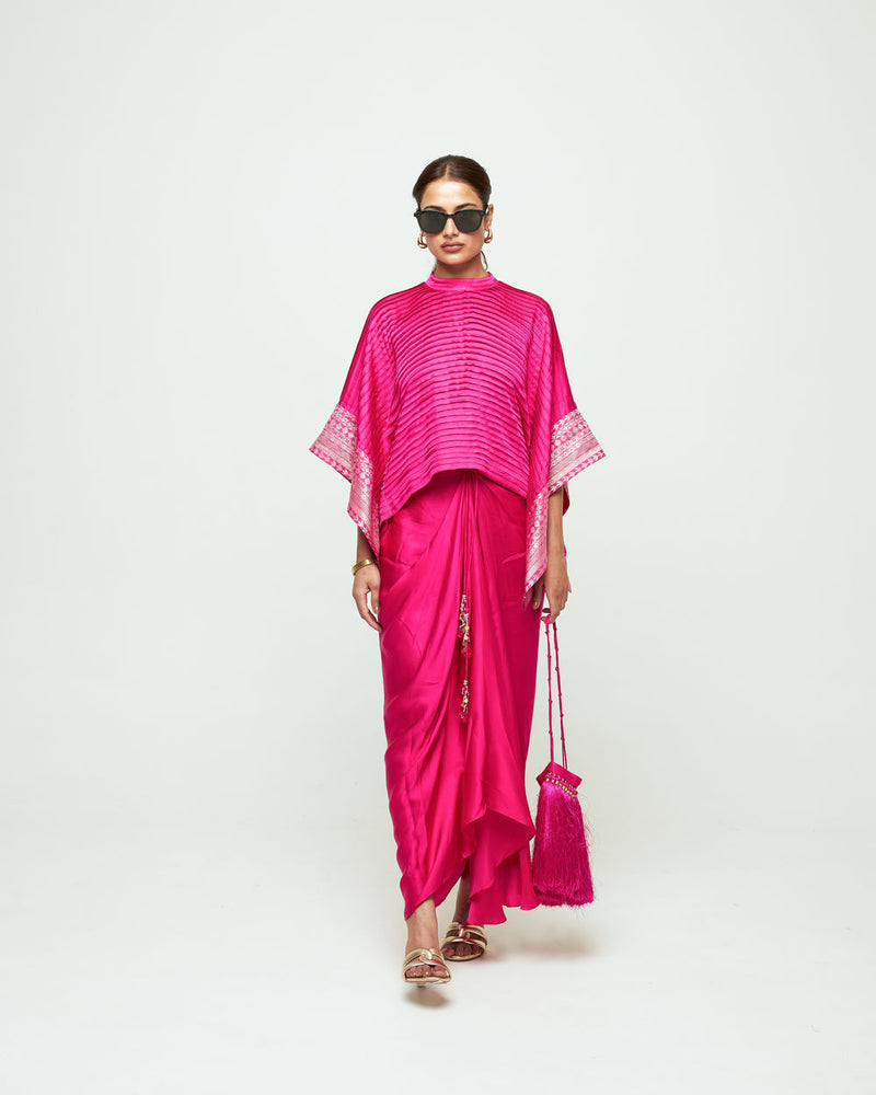 Prana-Pleated Top Set-Pink silk, modal satin indo-western by SOBARIKO in pink for women Worldwide