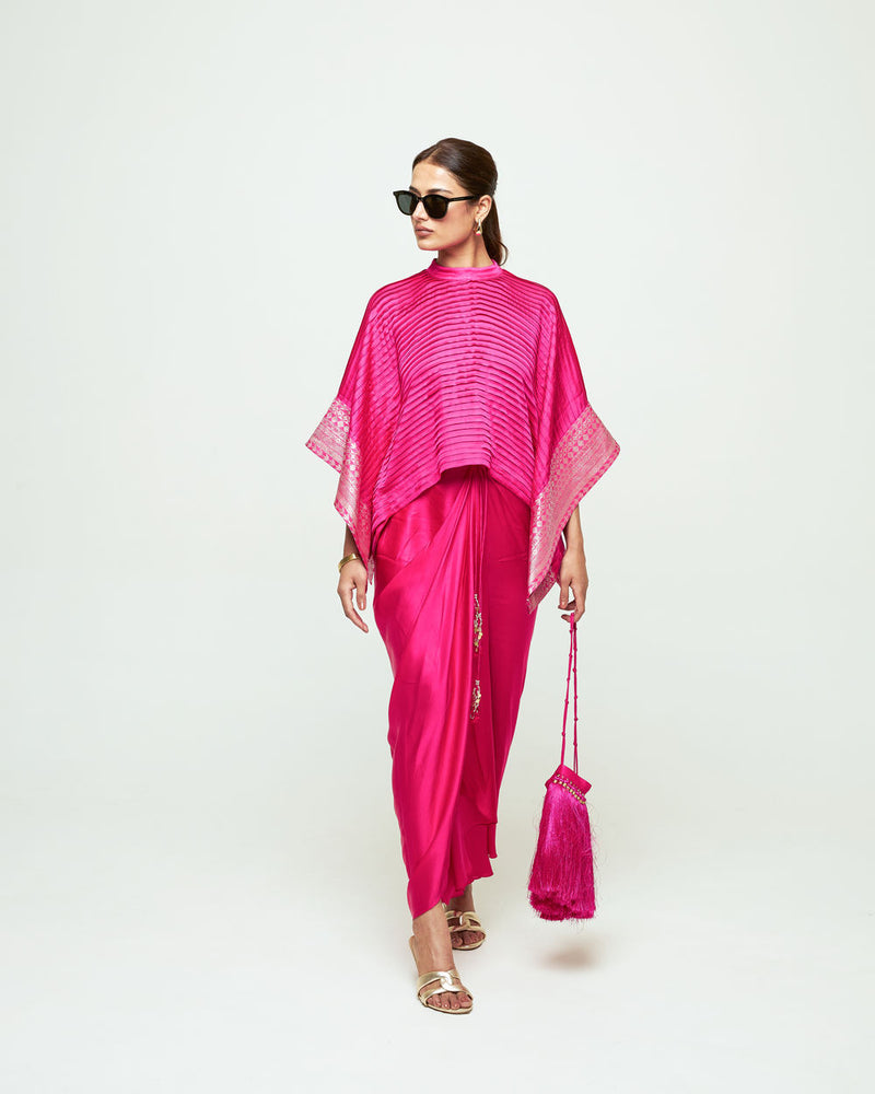 Prana-Pleated Top Set-Pink silk, modal satin indo-western by SOBARIKO in pink for women Worldwide