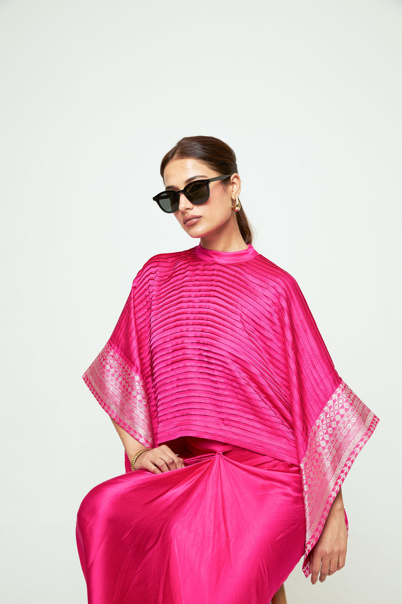 Prana-Pleated Top Set-Pink silk, modal satin indo-western by SOBARIKO in pink for women Worldwide