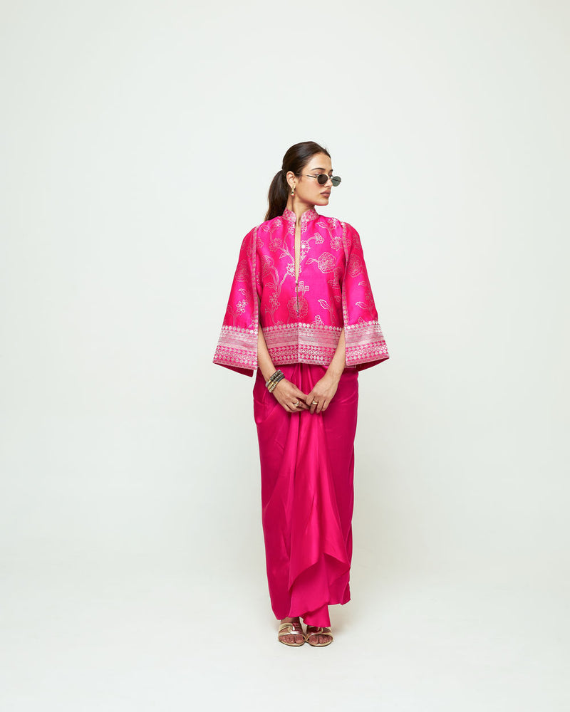 Rosa Statement Jacket Skirt Set-Pink silk, modal satin indo-western by SOBARIKO in purple for women Worldwide