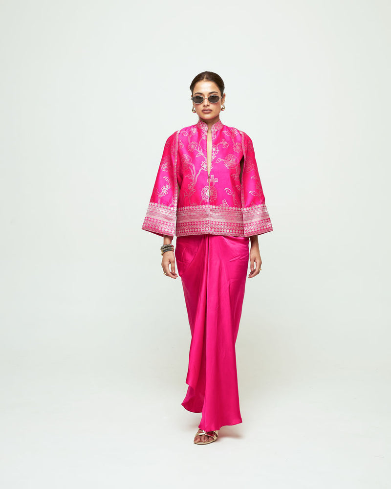 Rosa Statement Jacket Skirt Set-Pink silk, modal satin indo-western by SOBARIKO in purple for women Worldwide