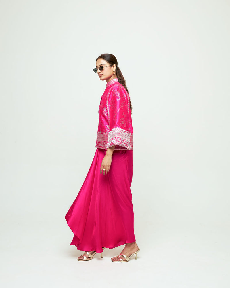 Rosa Statement Jacket Skirt Set-Pink silk, modal satin indo-western by SOBARIKO in purple for women Worldwide