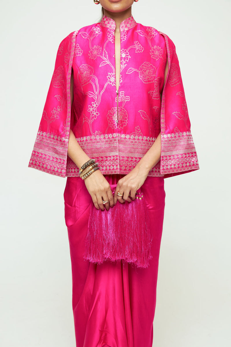 Rosa Statement Jacket Skirt Set-Pink silk, modal satin indo-western by SOBARIKO in purple for women Worldwide