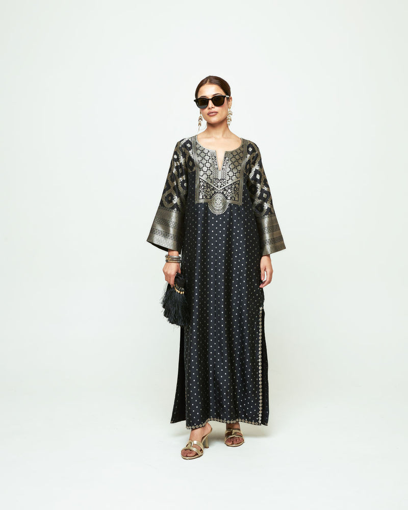 Neet-Statement Brocade Silk Kaftan silk indo-western by SOBARIKO in black for women Worldwide