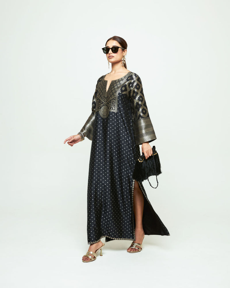 Neet-Statement Brocade Silk Kaftan silk indo-western by SOBARIKO in black for women Worldwide