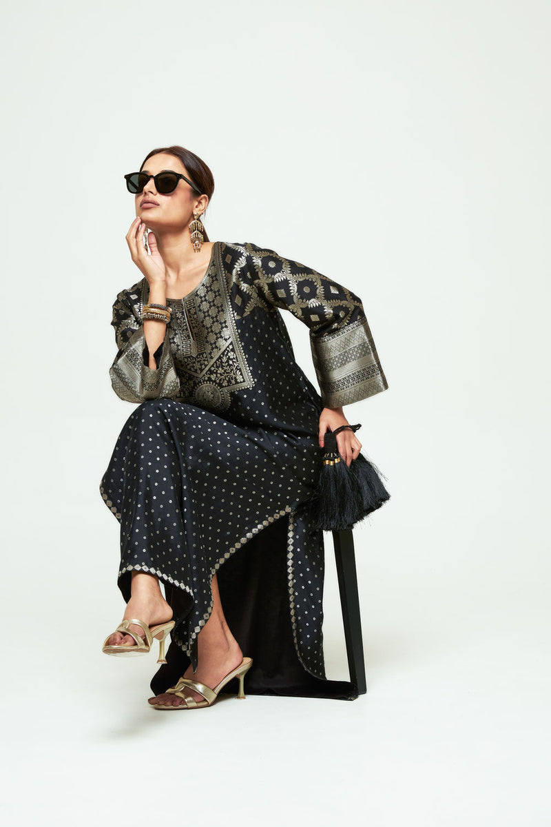 Neet-Statement Brocade Silk Kaftan silk indo-western by SOBARIKO in black for women Worldwide