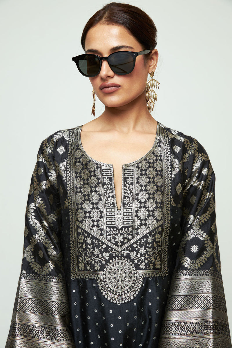Neet-Statement Brocade Silk Kaftan silk indo-western by SOBARIKO in black for women Worldwide
