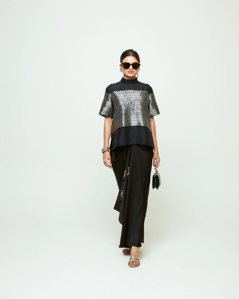 Raysa-Statement Brocade Top Skirt Set-Black silk indo-western by SOBARIKO in black for women Worldwide
