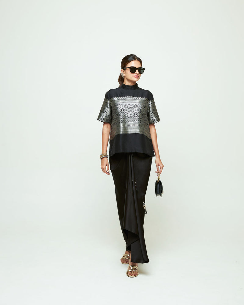 Raysa-Statement Brocade Top Skirt Set-Black silk indo-western by SOBARIKO in black for women Worldwide