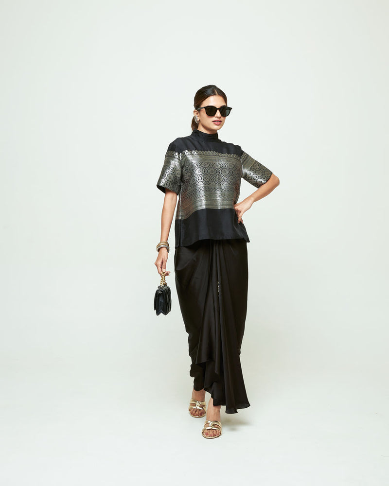 Raysa-Statement Brocade Top Skirt Set-Black silk indo-western by SOBARIKO in black for women Worldwide